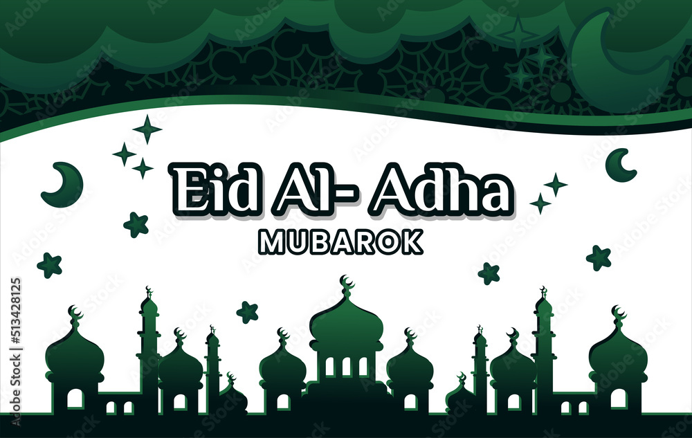 Eid al-Adha banner vector design with an Islamic green background and a creative and simple mosque motif