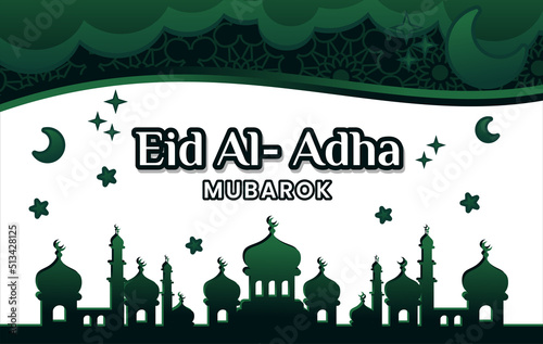 Eid al-Adha banner vector design with an Islamic green background and a creative and simple mosque motif