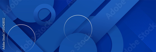 Blue abstract vector long banner. Minimal background with arrows circles geometric shapes and copy space for text. Facebook cover, web banner