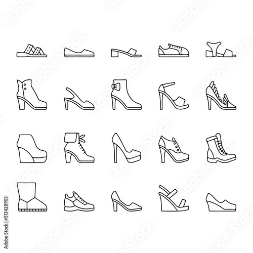 Set of different types of footwear. Six icons kinds of shoes . Outline black and white signs. Vector illustration of woman summer and classic shoes