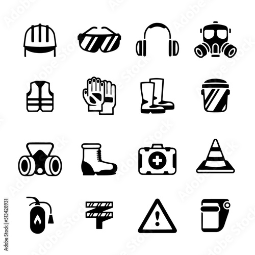 Protection and safety in the workplace, icon set. work area safety icons. Notification and warning of danger.