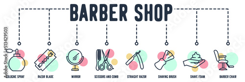 Barber Shop banner web icon. cologne spray, razor blade, mirror, scissors and comb, straight razor, shaving brush, shave foam, barber chair vector illustration concept.