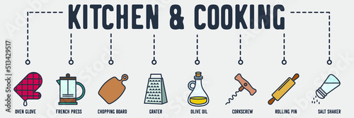 Kitchen and Cooking banner web icon. oven glove, french press, chopping board, grater, olive oil, corkscrew, rolling pin, salt shaker vector illustration concept.