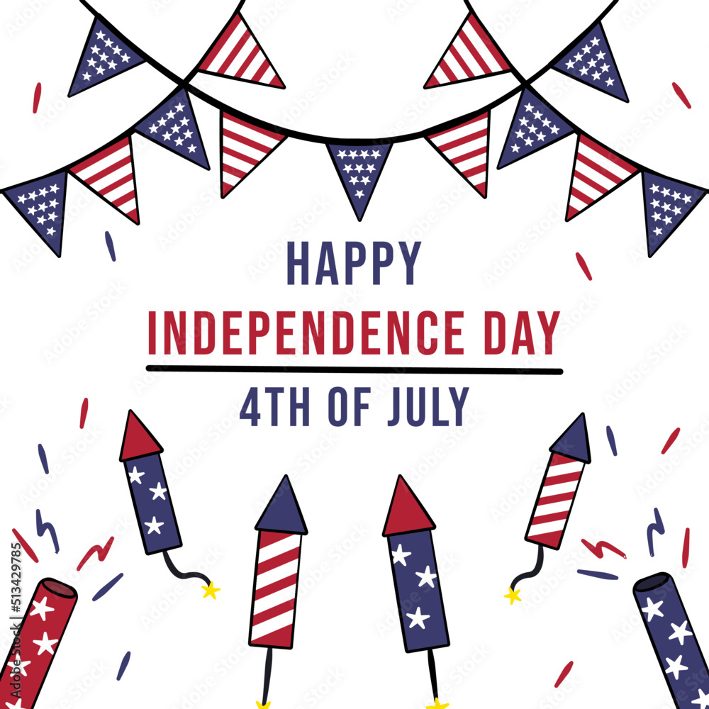 Happy Independence Day 4th of July graphic design with fireworks and garland banner decoration suitable for social media, greeting card and poster Happy Independence Day 4th of July graphic design with fireworks and garland banner decoration suitable for social media, greeting card and poster