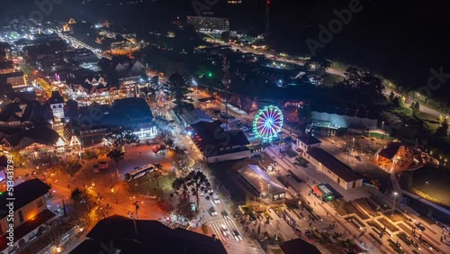 Aerial Hyperlapse view above Capivari traffic and nightlife at Campos de Jordao, on a cold night in winter, in Sao Paulo, Brasil, America - Circle, time lapse, drone shot photo