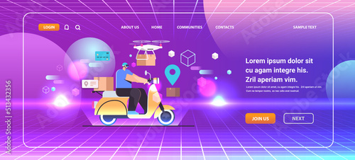 man courier in vr glasses riding scooter express delivery service virtual reality vision headset innovation metaverse