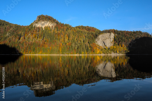 Herbstfarbener bunter Wald mit See 2