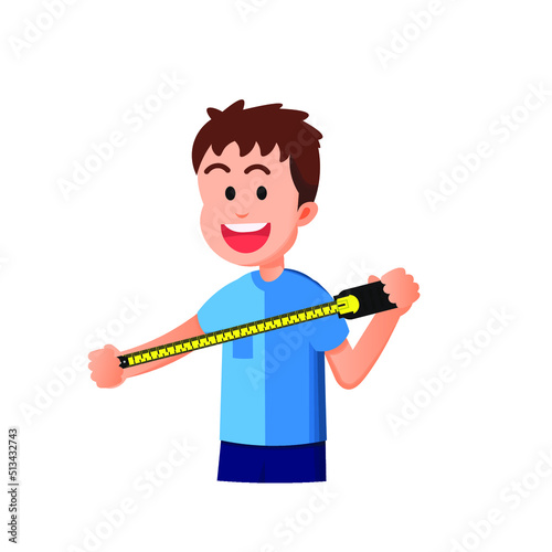 cute boy holding a measuring tape while stretching it