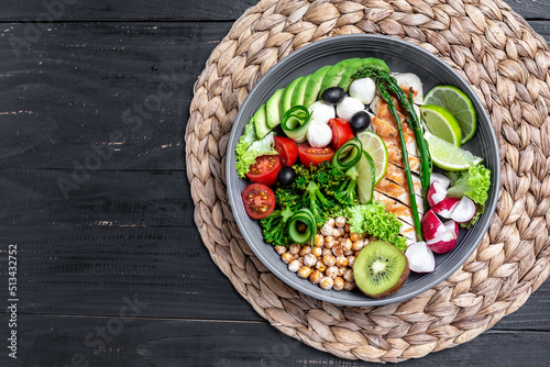 Buddha bowl dish with chicken fillet  avocado  asparagus  chickpeas  broccoli  radish  chicken  cucumber  tomatoes  olives  mozzarella. Detox and healthy superfoods concept  top view