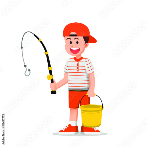 happy boy wearing a hat and holding a bucket and fishing rod