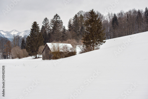 Winterliche Landschaft mit einer alten Hütte © Thomas