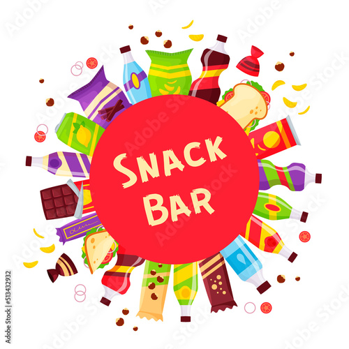 Snack bar circle banner, fast food and drinks products. Beverage bottles, sandwich in pack, soda and juice. Food store elements for market design, cartoon style vector