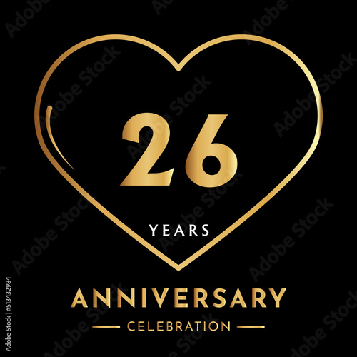 26 years anniversary logotype with gold heart isolated on black background. Creative design for happy birthday, wedding, ceremony, event party, marriage, invitation event, and greeting card.
