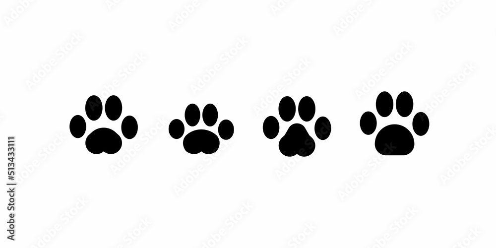 foot animal icon. Black animal footprints set. Silhouette of paw print. Animal (dog or cat) paw prints. Vector illustration.