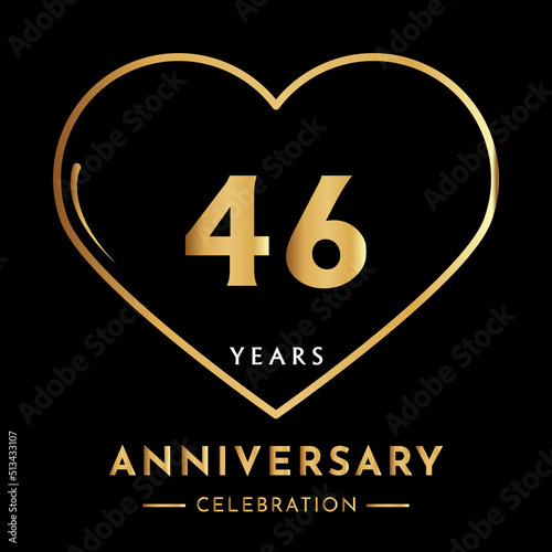 46 years anniversary logotype with gold heart isolated on black background. Creative design for happy birthday, wedding, ceremony, event party, marriage, invitation event, and greeting card.