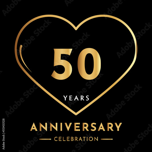 50 years anniversary logotype with gold heart isolated on black background. Creative design for happy birthday, wedding, ceremony, event party, marriage, invitation event, and greeting card.
