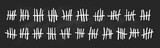 Tally mark. Prison counting lines set, white slash scratches on the wall. Hand drawn crossed out tally marks, jail outline numbers on black background, vector illustration