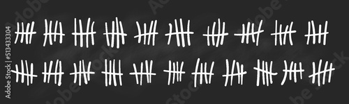 Tally mark. Prison counting lines set, white slash scratches on the wall. Hand drawn crossed out tally marks, jail outline numbers on black background, vector illustration