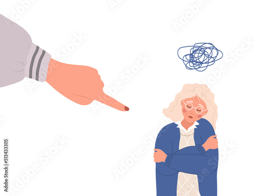 Social bullying. Finger pointing on sad elderly woman. Depressed aged lady hugging herself. Violence in society. Vector illustration in flat cartoon style.