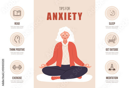 Tips for anxiety. Mental health concept. Happy elderly woman meditating in lotus position. Infographic of psychotherapy. Mood disorder. Vector illustration in flat cartoon style.