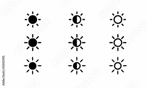 Brightness control icons set. Brightness icons with variation level on white background. Screen brightness and contrast level settings icon. 