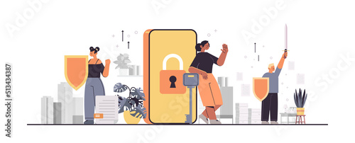 people standing near locked smartphone with padlock mobile account privacy security concept