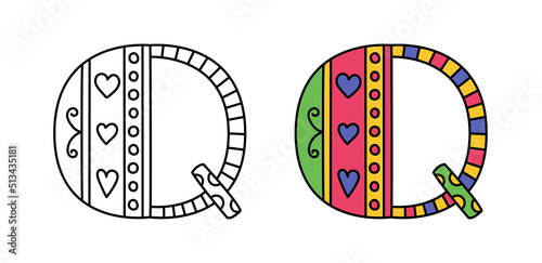 Doodle letter Q. Hand drawn line ABC. Sketch alphabet. Kids illustration for coloring book. Editable