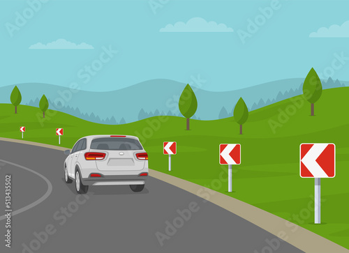 The road is turning in the direction of the arrow. Sharp curve or turn sign. Back view of a white suv car on the road. Flat vector illustration template.