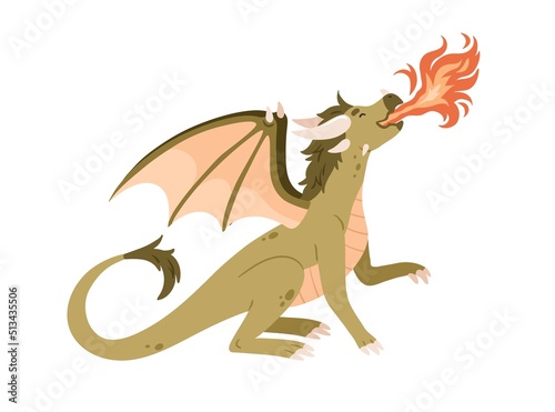 Cute baby dragon breathing out fire flames. Childish fairy character. Fairytale legend dinosaur. Magic fantasy dino, green reptile with wings. Flat vector illustration isolated on white background