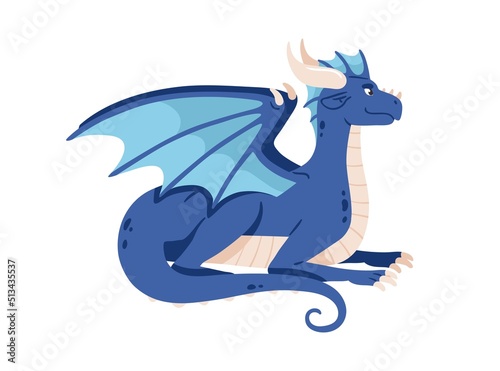Fairy dragon, baby character. Cute fairytale dinosaur, mythology dino animal with wings. Magic fantasy reptile, funny adorable monster. Flat cartoon vector illustration isolated on white background