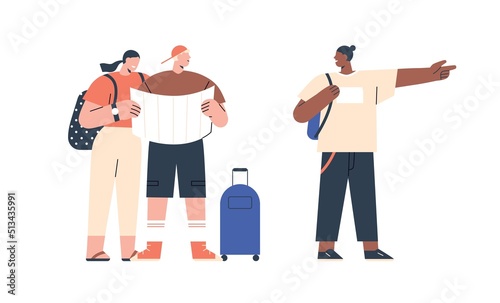 Tourists couple searching route on map and asking person for help. Man and woman travelers arrived on summer holiday, local guy showing direction. Flat vector illustration isolated on white background