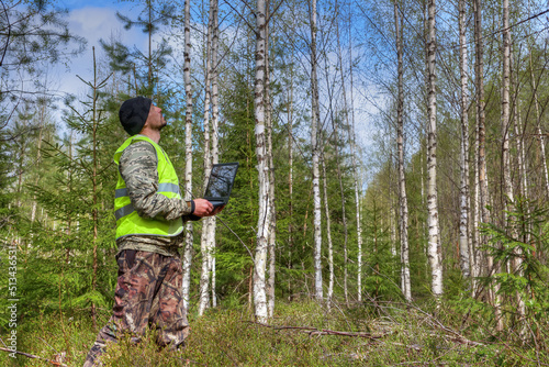 A forest engineer works on a computer in a young birch forest.