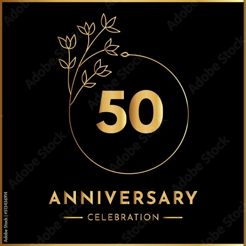 50 years anniversary celebration with golden floral frame isolated on white background. Creative design for happy birthday, wedding, ceremony, event party, marriage, and greeting card.