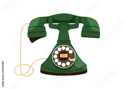 Vintage rotary telephone with round base, turning dial, wire and headset. Old...