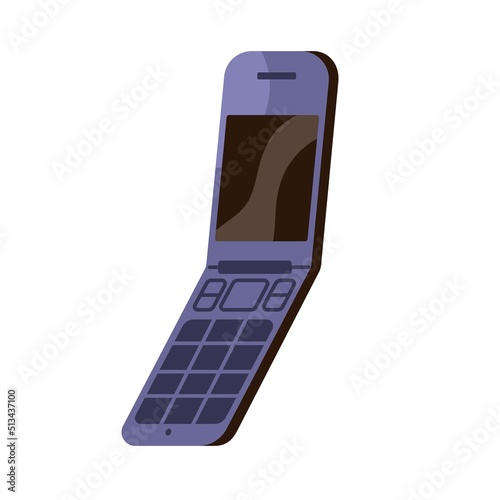 Flip mobile phone. Old model of binary cellphone. Outdated cell, cellular telephone of 2000, 2010. Thin handset, telecommunication device. Flat vector illustration isolated on white background