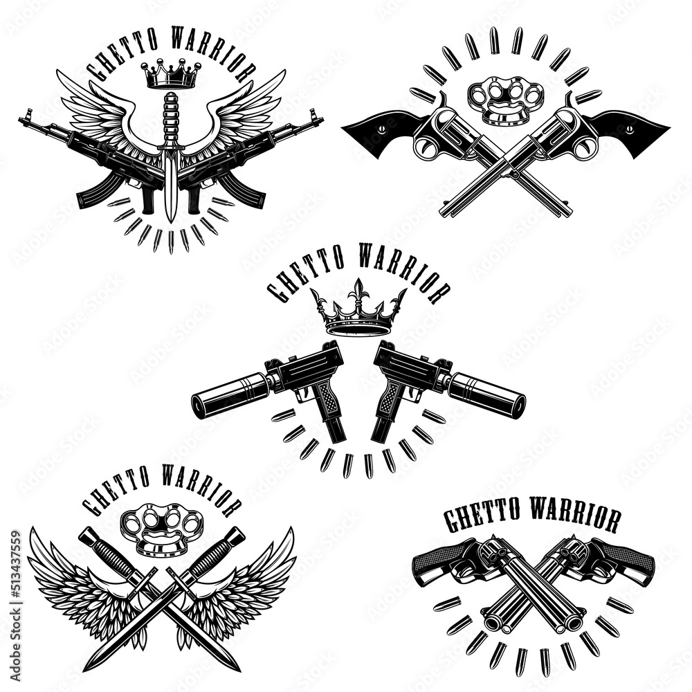 Set of vintage emblems with weapon, gun, revolver, knife. Design