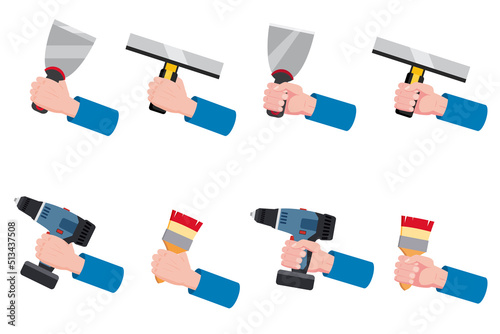 Set construction tools putty knife, spatula, brush, electric screwdriver, repair tool. Hand hold spackling or paint instruments. Vector illustration isolated on white. Cartoon flat style