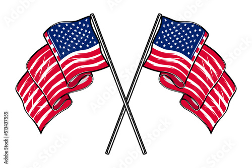 Illustration of crossed american flags. Design element for poster, card, banner, sign, logo. Vector illustration
