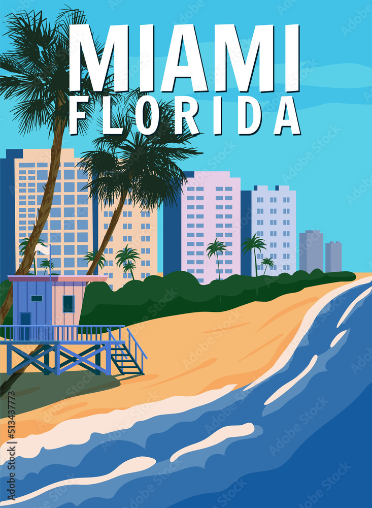 Naklejka premium Miami Beach City Skyline, Retro Poster. Coast, surf, ocean. Vector illustration vintage