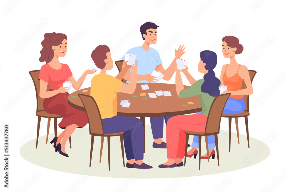 Group of friends playing card game at table. Cartoon people playing poker at home flat vector illustration. Board games, leisure concept for banner, website design or landing web page