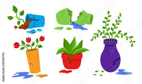 Flowers in broken pots vector illustrations set. Fallen down houseplants, flowerpots on floor isolated on white background. Gardening, plants concept