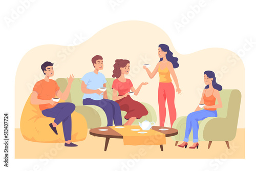 Happy friends sitting at table and drinking tea in living room. Group men and women gathering at home on weekend flat vector illustration. Communication, celebration, birthday, friendship concept