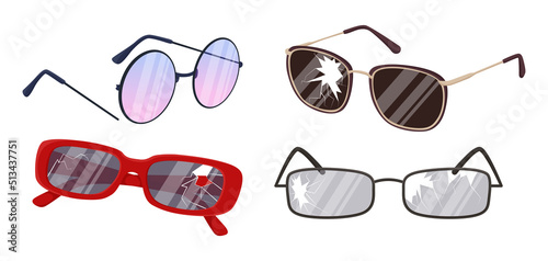 Smashed glasses with different frames vector illustrations set. Collection of cartoon drawings of broken sunglasses isolated on white background. Accessories, repair service concept