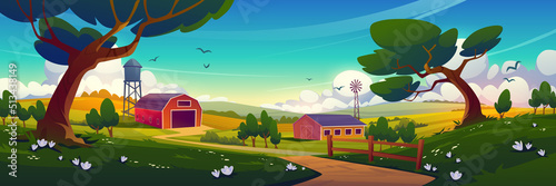 Summer countryside with farm barn, windmill, water tower and agriculture fields. Vector cartoon illustration of rural landscape of farmland with wooden shed, road and green trees