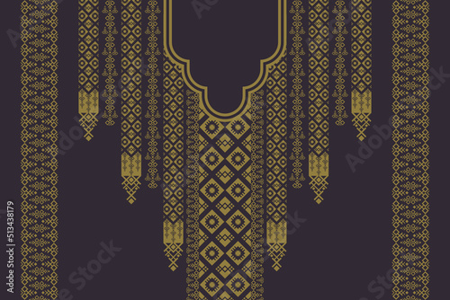 Vector luxury vintage gold color ethnic geometric shape neck embroidery pattern design with border on black background. Elegant tribal art fashion for shirts.