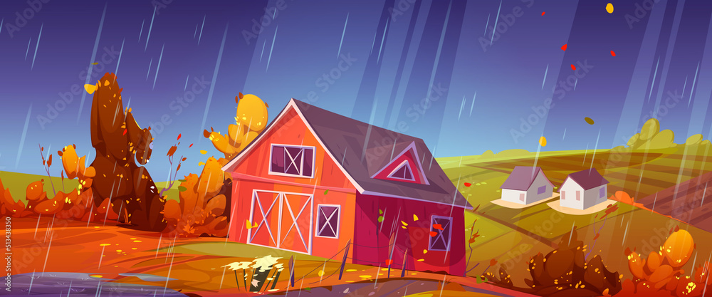 Rainy countryside landscape with farm barn, agriculture field and houses in fall. Vector cartoon illustration of autumn scene with rain jets, farmland with granary, road, fence and orange trees