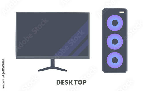 A computer monitor and a computer body with a circular LED design. flat design style vector illustration.