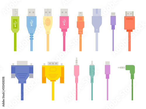 Colorful computer digital equipment cables. flat design style vector illustration.