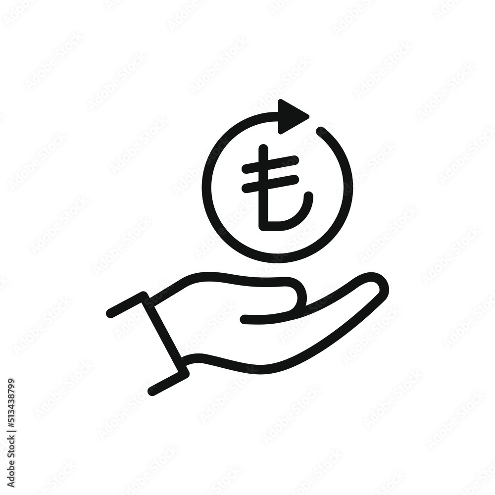 Turkish lira in circular arrow on hand. Money transaction process icon line style isolated. Vector illustration
