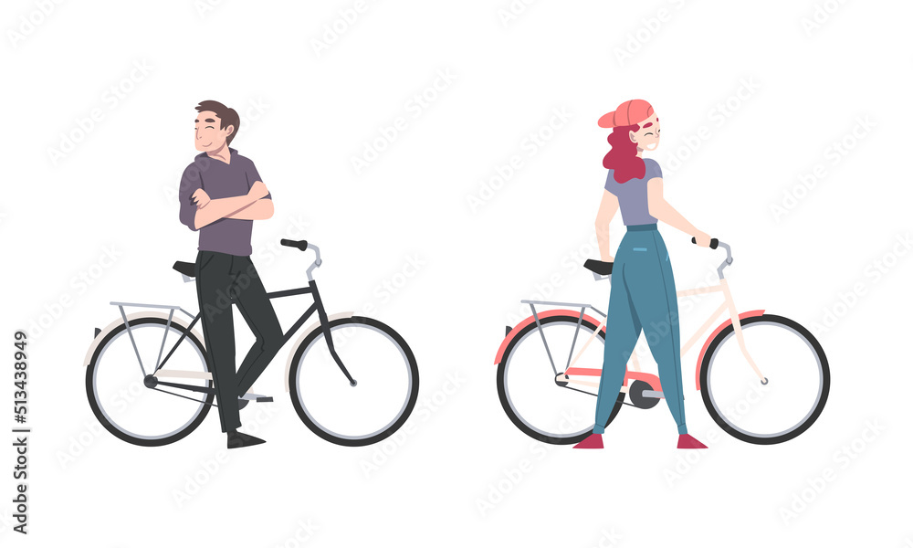 Smiling Man and Woman Standing Near Bicycle Enjoying Vacation or Weekend Activity Vector Illustration Set Smiling Man and Woman Standing Near Bicycle Enjoying Vacation or Weekend Activity Vector Illustration Set